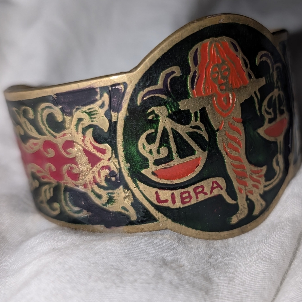 Vintage LIBRA Zodiac Brass & Enamel Statement Cuff Boho Bracelet - Picture 3 of 9